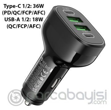 Hoco NZ11 PD72W 4 Portlu USB + Type-C Hızlı Şarj Araç Çakmaklı Şarj Aleti