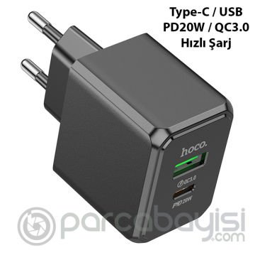 HOCO CS14A PD20W+QC3.0 USB + Type-C Girişli Hızlı Şarj Adaptörü Başlığı