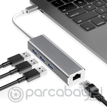 Ally Type-C 3 Portlu Usb 3.0 Çoklayıcı Ve RJ45 Ethernet Adaptör Dönüştürücü