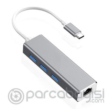 Ally Type-C 3 Portlu Usb 3.0 Çoklayıcı Ve RJ45 Ethernet Adaptör Dönüştürücü