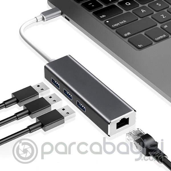 Ally Type-C 3 Portlu Usb 3.0 Çoklayıcı Ve RJ45 Ethernet Adaptör Dönüştürücü
