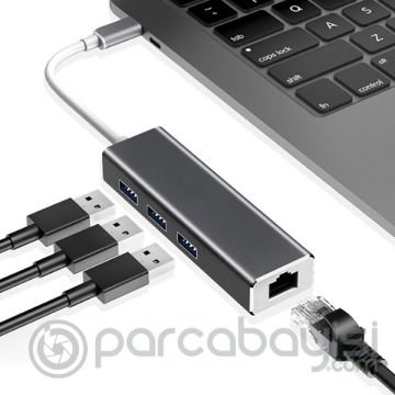 Ally Type-C 3 Portlu Usb 3.0 Çoklayıcı Ve RJ45 Ethernet Adaptör Dönüştürücü
