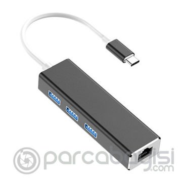 Ally Type-C 3 Portlu Usb 3.0 Çoklayıcı Ve RJ45 Ethernet Adaptör Dönüştürücü