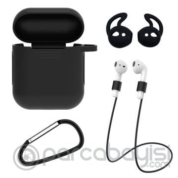 ALLY 4İN1 Apple Airpods İçin Kılıf+Kulaklık Askısı+Kulaklık Silikonu+Anahtarlık