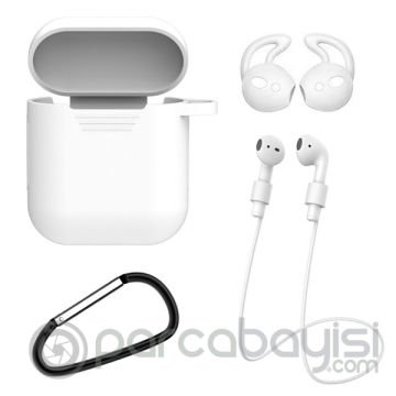 ALLY 4İN1 Apple Airpods İçin Kılıf+Kulaklık Askısı+Kulaklık Silikonu+Anahtarlık