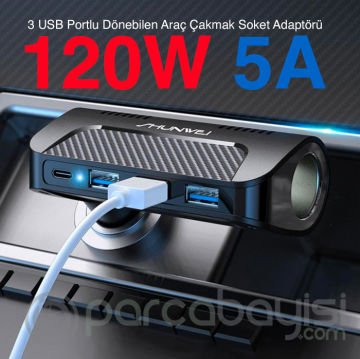 Ally 120W 3 USB Portlu Dönebilen Araç Çakmak Soket Adaptörü