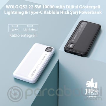 WOLG Q51 22.5W 10000 mAh Dijital Göstergeli Lightning & Type-C Kablolu Hızlı Şarj Powerbank