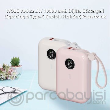 WOLG V36 22.5W 10000 mAh Dijital Göstergeli Lightning & Type-C Kablolu Hızlı Şarj Powerbank