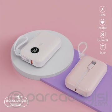 WOLG V36 22.5W 10000 mAh Dijital Göstergeli Lightning & Type-C Kablolu Hızlı Şarj Powerbank