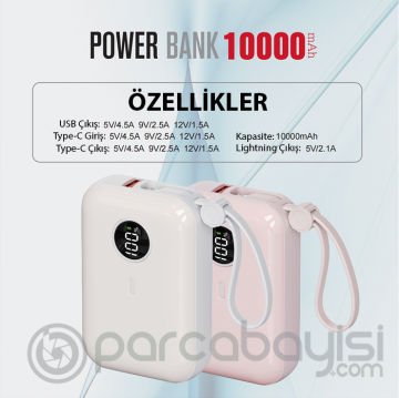 WOLG V36 22.5W 10000 mAh Dijital Göstergeli Lightning & Type-C Kablolu Hızlı Şarj Powerbank
