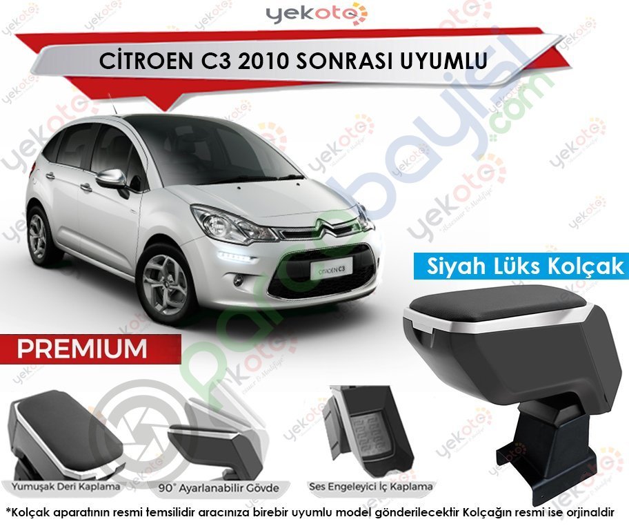 Citroen C3 2010 Sonrası Uyumlu Lüx Siyah Kolçak Kol Dayama Ultra Kaliteli