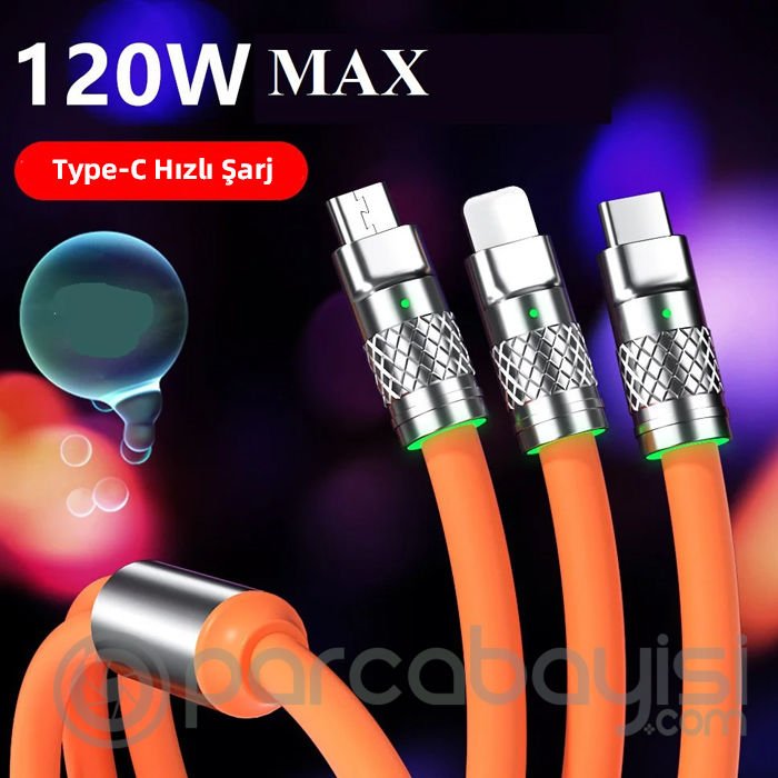 ALLY 3 in 1 Usb to Type-C + Micro Usb + Lightning 120W Hızlı Şarj Kablosu