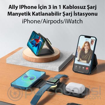 Ally 3 in1 İPhone Airpods İWatch Kablosuz Şarj Manyetik Katlanabilir Şarj İstasyonu