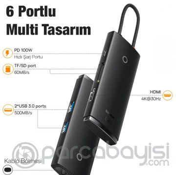 Baseus Lite Series 6 Portlu 100W Type-C + PD HUB Adaptör Çoklayıcı