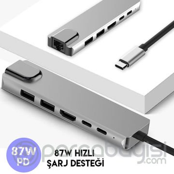 Ally Usb (Type-C to 6in1 Hdtv 2XUSB+PD) RJ45 Hub Adaptör Çoklayıcı