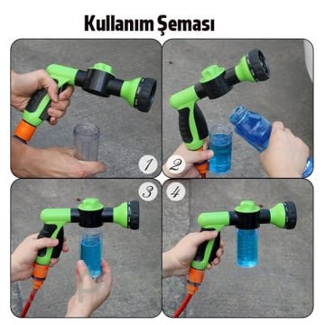 ALLY Sabun Hazneli 8 Fonksiyonlu Basınçlı Su Tabancası Hortum Başlığı