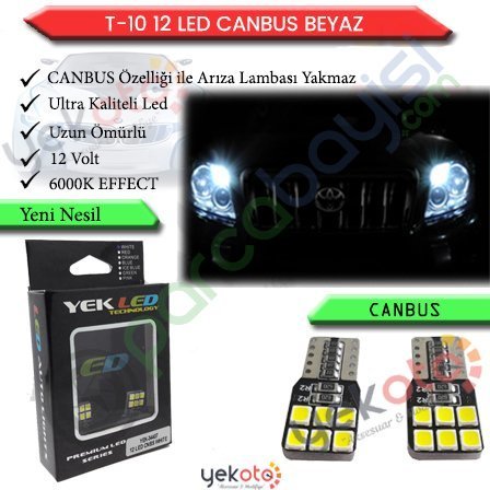 Yekled T10 Park Dipsiz Ampul 12 Led Beyaz Işık Canbus Arıza Kesicili 12V Plaka Tavan Aydınlatma 2 Adet