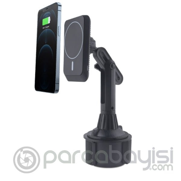 ALLY Araç Bardaklık Telefon Tutucu Magsafe iPhone 14-13-12 Serisi 15W Kablosuz Hızlı Şarj Cihazı