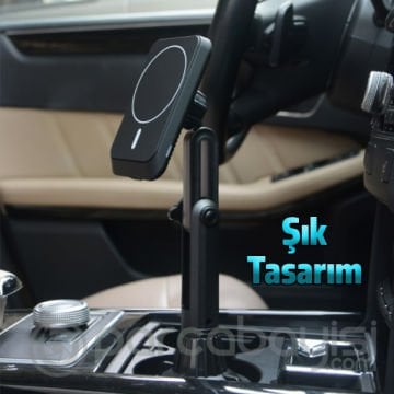 ALLY Araç Bardaklık Telefon Tutucu Magsafe iPhone 14-13-12 Serisi 15W Kablosuz Hızlı Şarj Cihazı