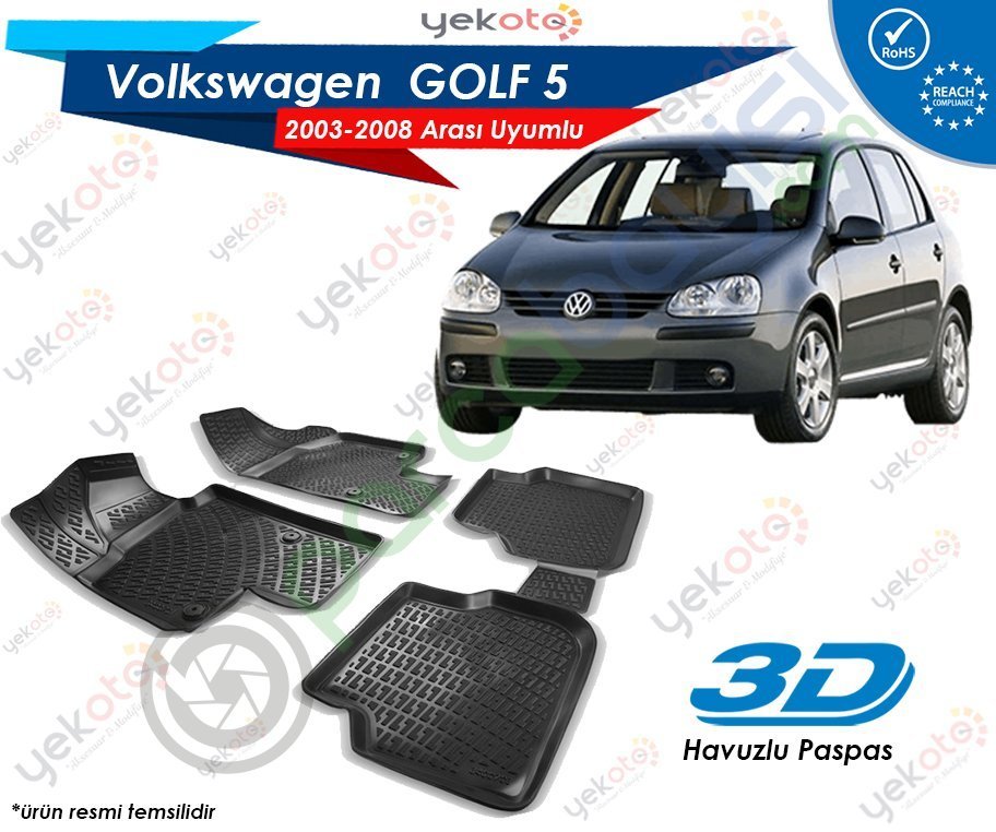 Vw Golf 5 2003-2008 Arası Uyumlu Araca Özel 3D Havuzlu Paspas Siyah