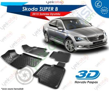 Skoda Super B 2015 Sonrası Uyumlu Araca Özel 3D Havuzlu Paspas Siyah