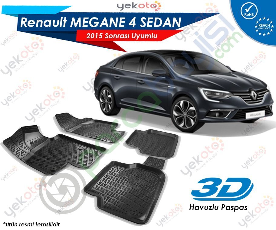 Renault Megane 4 2015 Sonrası Uyumlu Araca Özel 3D Havuzlu Paspas Siyah