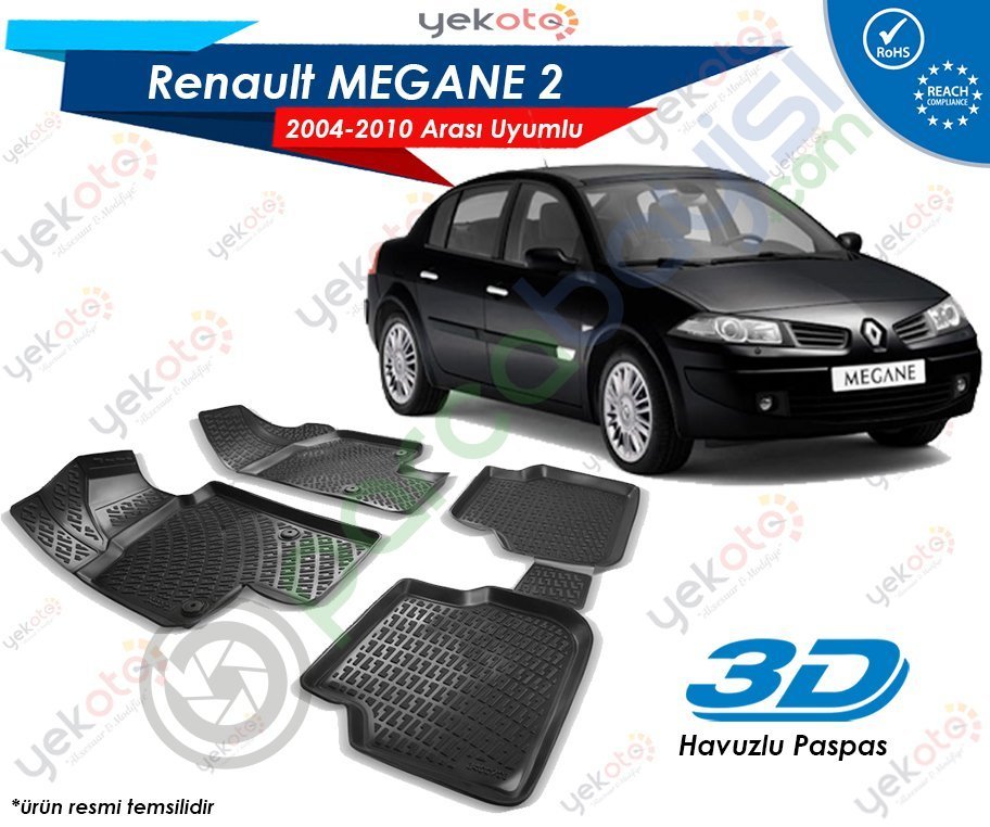 Renault Megane 2 2004-2010 Arası Uyumlu Araca Özel 3D Havuzlu Paspas Siyah