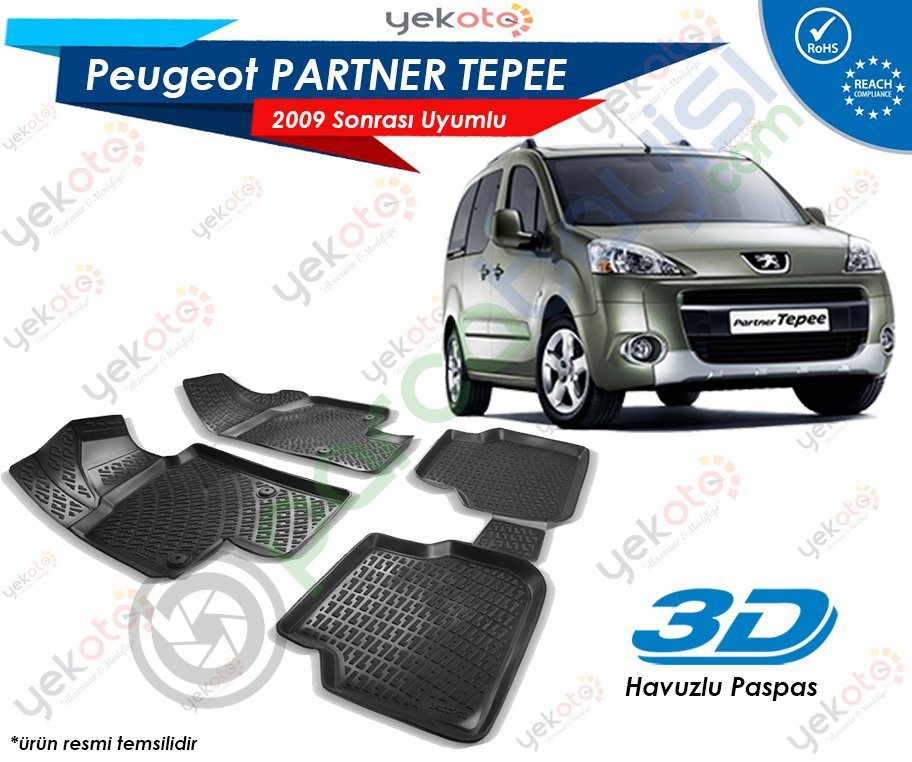 Peugeot Partner Tepee 2009 Sonrası Uyumlu Araca Özel 3D Havuzlu Paspas Siyah