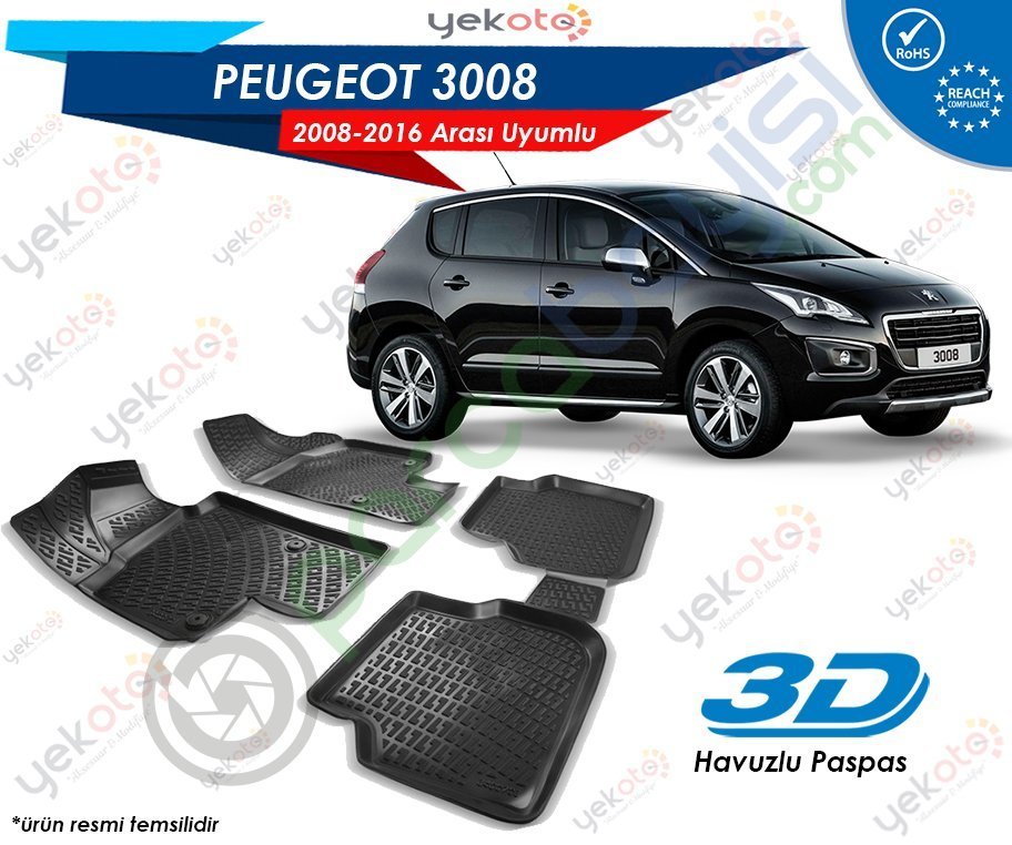 Peugeot 3008 2008-2016 Arası Uyumlu Araca Özel 3D Havuzlu Paspas Siyah