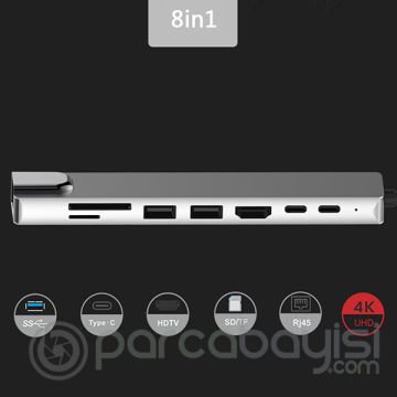 Ally 8 Port Usb 8in1 3.0 Type-C Hdmi 3XUSB+2 PD) RJ45 Hub Adaptör Çoklayıcı TF SD Kart