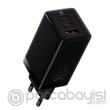 Baseus Gan3 Pro 65W 2 Type-C + USB Hızlı Şarj Başlığı Adaptörü ve Hızlı Şarj Type-C Kablosu Seti