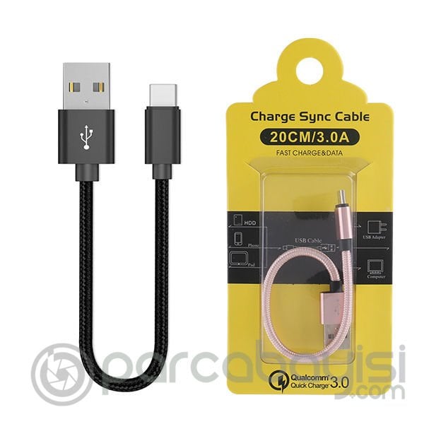 Ally Usb-Type C Android 3.0a Hızlı Şarj Halat Usb Kablo 20cm