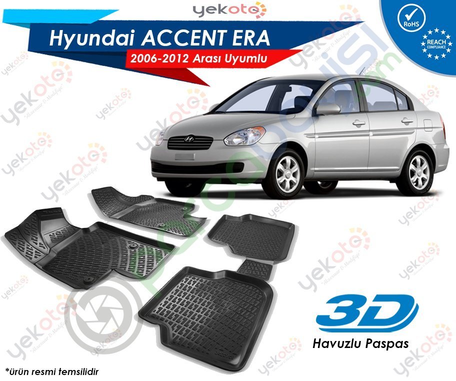 Hyundai Accent Era 2006-2012 Arası Uyumlu Araca Özel 3D Havuzlu Paspas Siyah