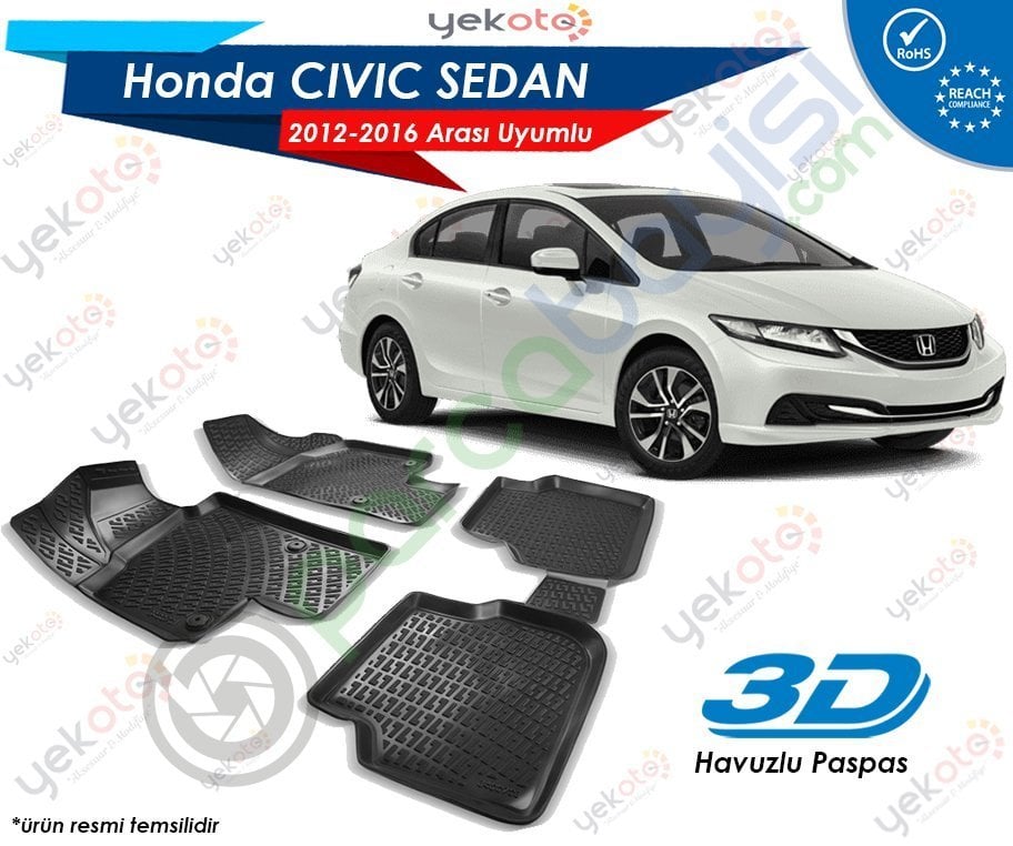 Honda Civic Sedan 2012-2016 Arası Uyumlu Araca Özel 3D Havuzlu Paspas Siyah