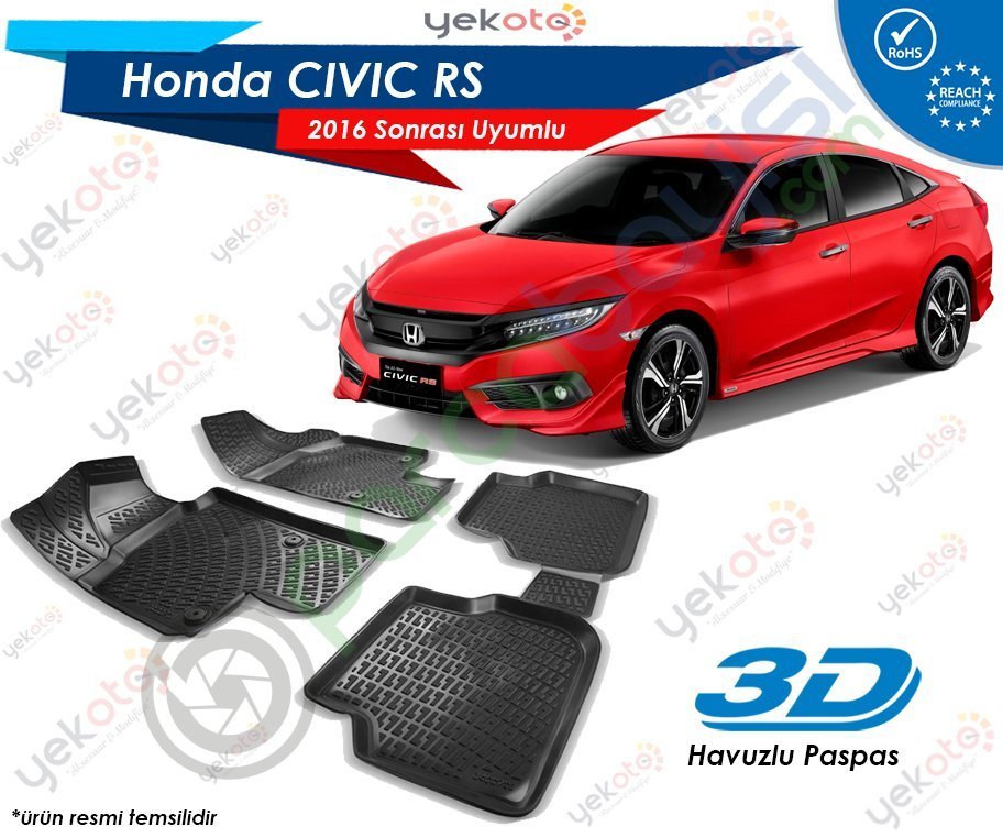 Honda Civic Rs 2016 Sonrası Uyumlu Araca Özel 3D Havuzlu Paspas Siyah