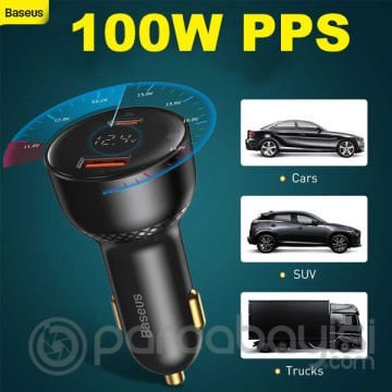 Baseus Superme Dijital Göstergeli 100W PPS USB + Type-C Girişli Hızlı Araç Şarjı ve 1m Type-C Kablo