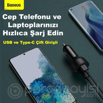 Baseus Superme Dijital Göstergeli 100W PPS USB + Type-C Girişli Hızlı Araç Şarjı ve 1m Type-C Kablo