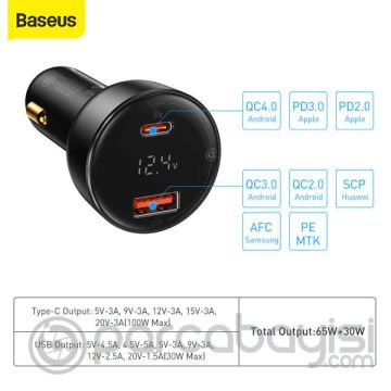 Baseus Superme Dijital Göstergeli 100W PPS USB + Type-C Girişli Hızlı Araç Şarjı ve 1m Type-C Kablo
