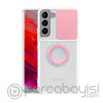SM Galaxy S21 Plus - S30 Plus Kılıf Sürgülü Kamera Lens Korumalı Yüzük Standlı Silikon Kılıf