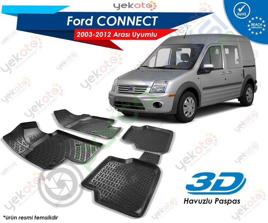 Ford Connect 2003-2012 Arası Uyumlu Araca Özel 3D Havuzlu Paspas Siyah