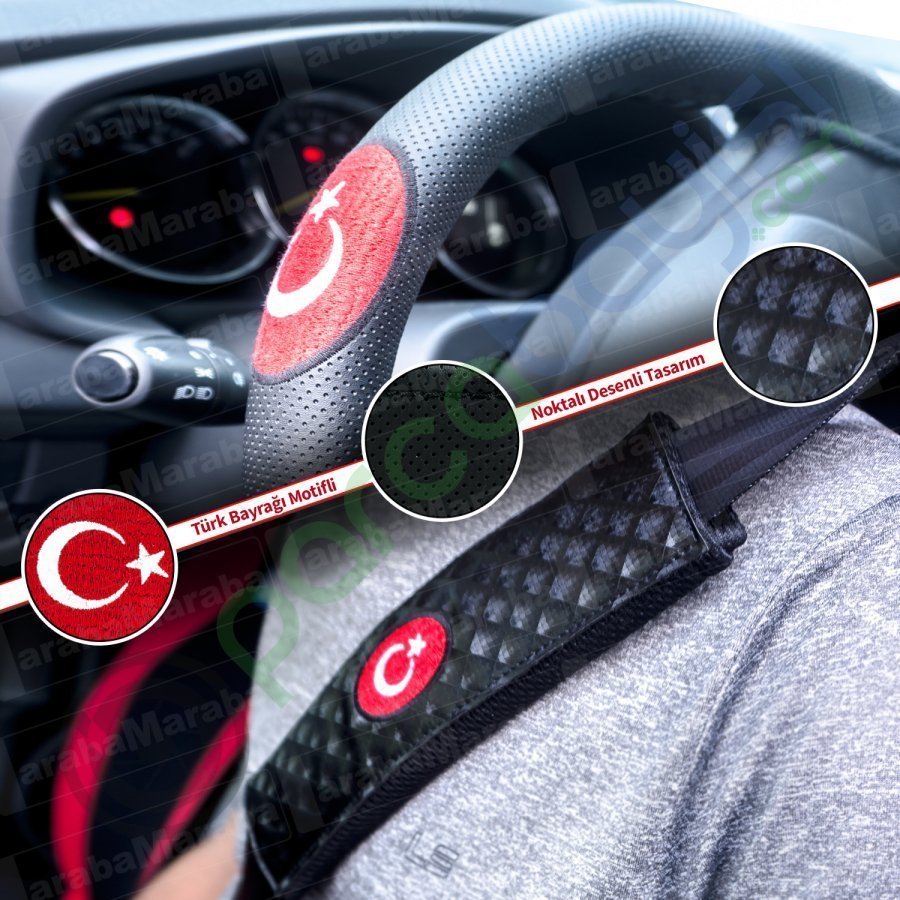 Emniyet Yastığı Ve Direksiyon Kılıfı Dikişli Türk Bayraklı