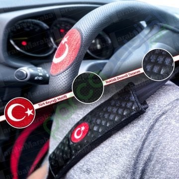 Emniyet Yastığı Ve Direksiyon Kılıfı Dikişli Türk Bayraklı