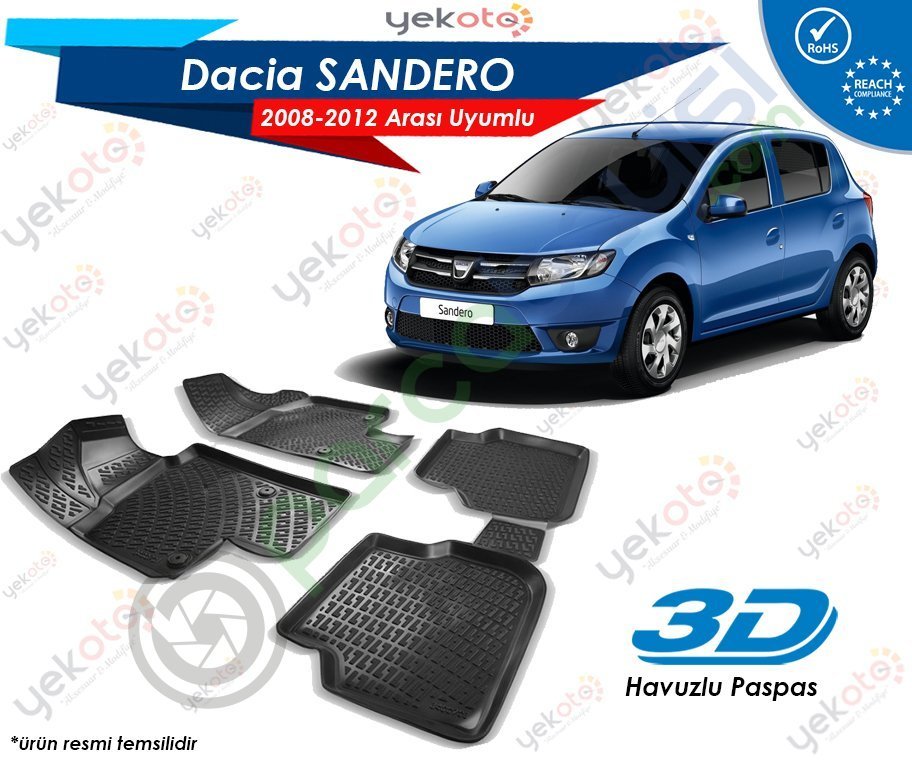 Dacia Sandero 2008-2012 Arası Uyumlu Araca Özel 3D Havuzlu Paspas Siyah