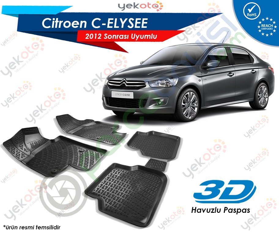 Citroen C-Elysee 2012 Sonrası Uyumlu Araca Özel 3D Havuzlu Paspas Siyah