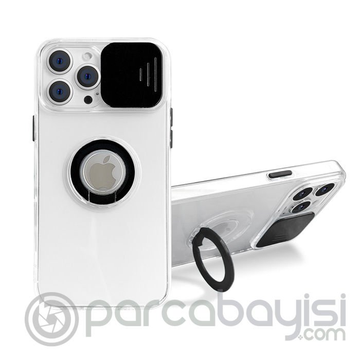 Ally iPhone 12 Pro Max Kılıf Sürgülü Kamera Lens Korumalı Yüzük Standlı Silikon Kılıf