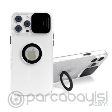 Ally iPhone 12 Pro Max Kılıf Sürgülü Kamera Lens Korumalı Yüzük Standlı Silikon Kılıf