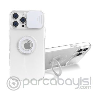 Ally iPhone 12 Pro Max Kılıf Sürgülü Kamera Lens Korumalı Yüzük Standlı Silikon Kılıf