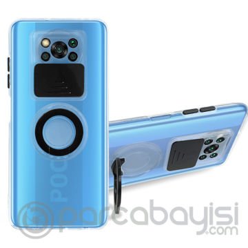 Ally Xiaomi POCO X3 NFC Kılıf Sürgülü Kamera Lens Korumalı Yüzük Standlı Silikon Kılıf