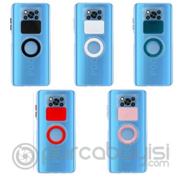 Ally Xiaomi POCO X3 NFC Kılıf Sürgülü Kamera Lens Korumalı Yüzük Standlı Silikon Kılıf