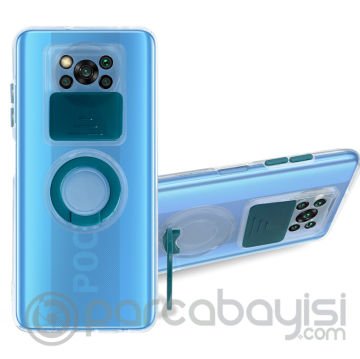 Ally Xiaomi POCO X3 NFC Kılıf Sürgülü Kamera Lens Korumalı Yüzük Standlı Silikon Kılıf